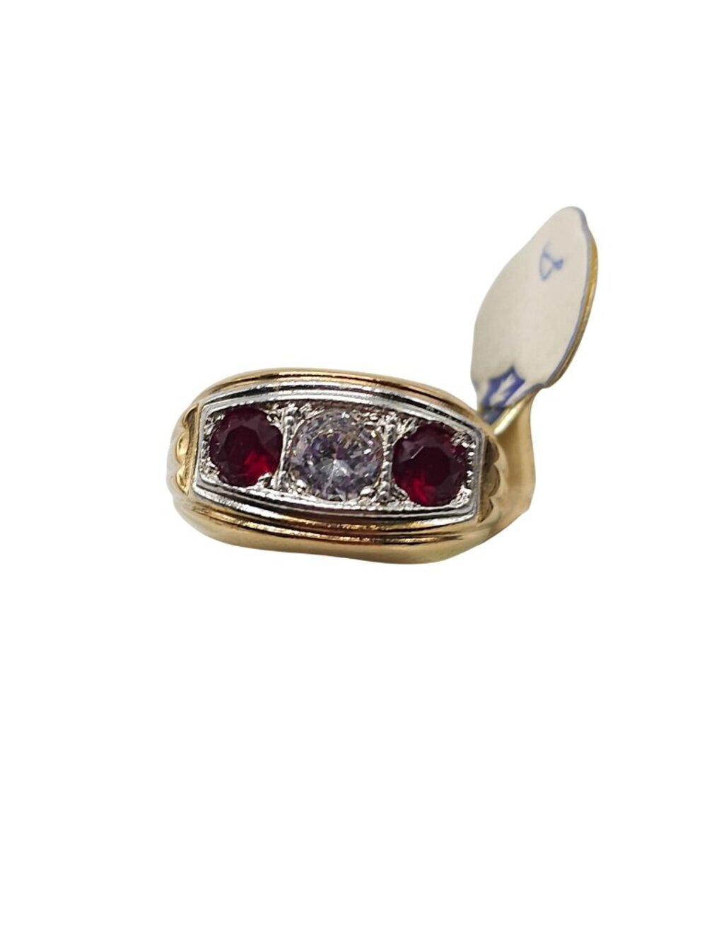 18K Gold Electroplate Ring Synthetic White Spinel Ruby Stones Mens Vintage 8